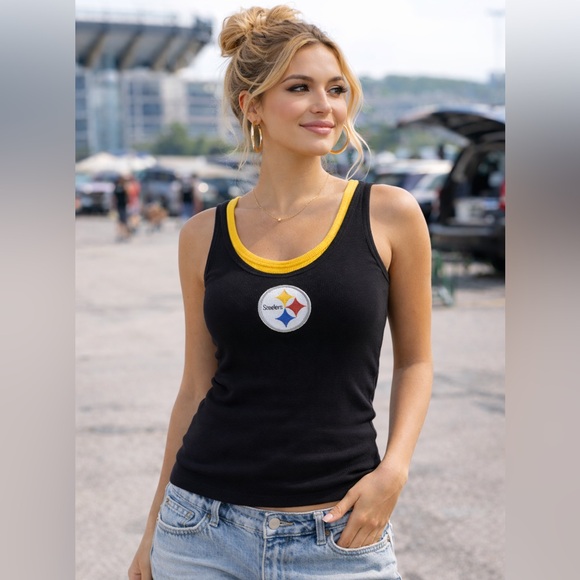 Nfl Team Tops - Y2K Pittsburgh Steelers Fitted Long Tank Top Women’s L | NFL Game Day Black Gold